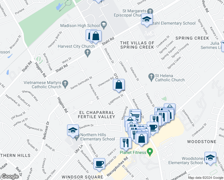 map of restaurants, bars, coffee shops, grocery stores, and more near 5047 Ayrshire Drive in San Antonio