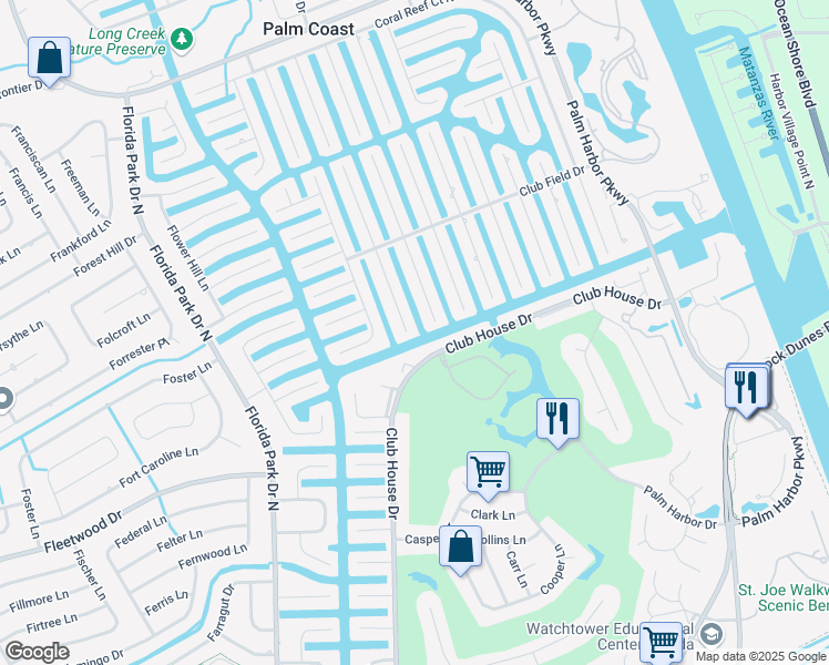 map of restaurants, bars, coffee shops, grocery stores, and more near 27 Clarendon Court South in Palm Coast