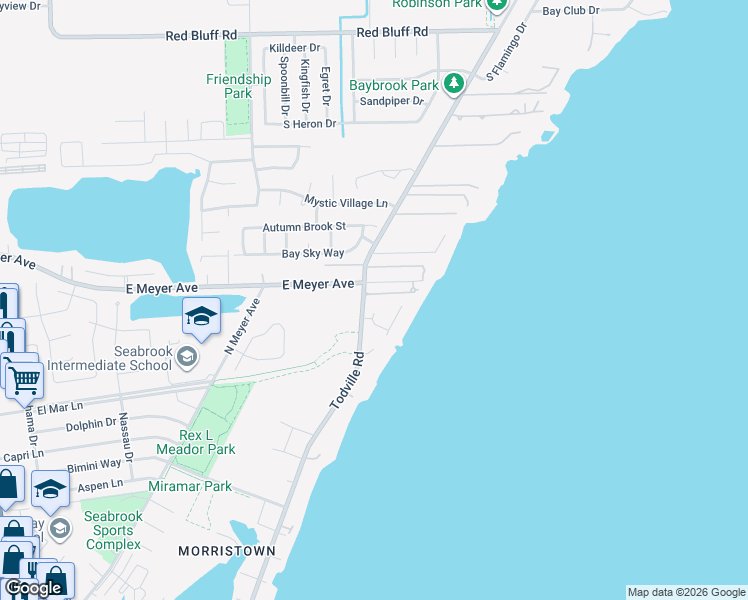 map of restaurants, bars, coffee shops, grocery stores, and more near 622 Bay Vista Drive in Seabrook
