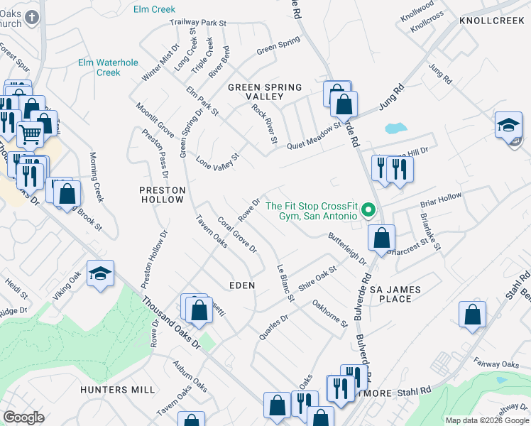 map of restaurants, bars, coffee shops, grocery stores, and more near 3314 Jenkins Drive in San Antonio