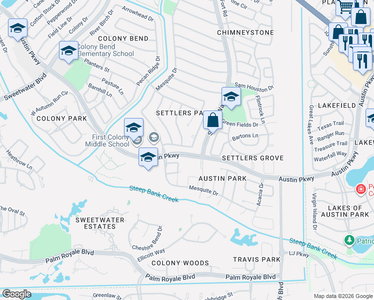 map of restaurants, bars, coffee shops, grocery stores, and more near 3311 Timber View Drive in Sugar Land