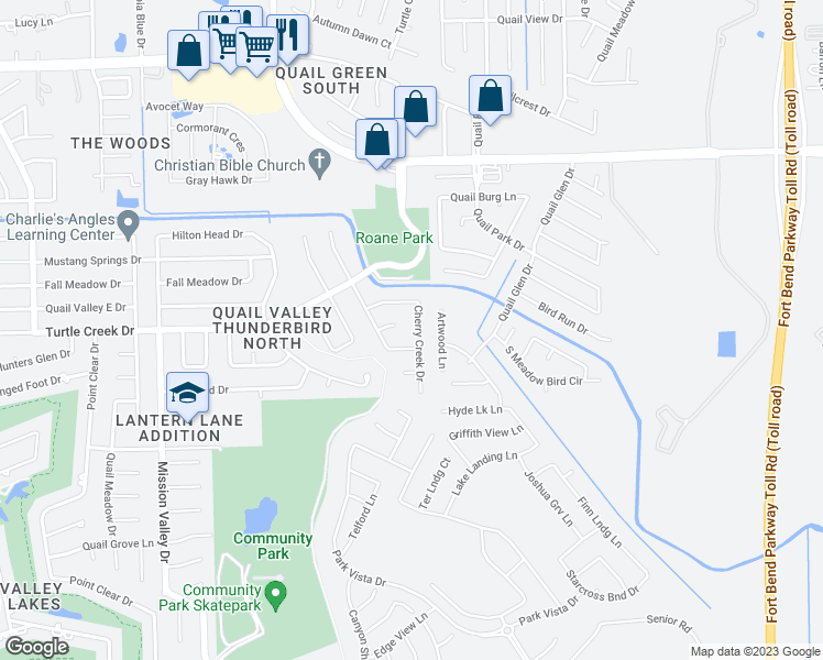 map of restaurants, bars, coffee shops, grocery stores, and more near 3218 Cherry Creek Drive in Missouri City