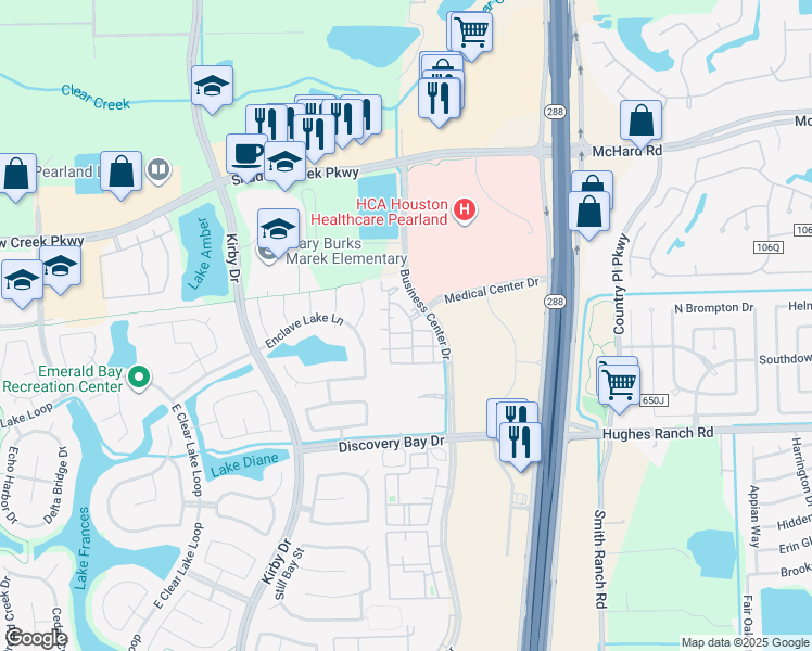 map of restaurants, bars, coffee shops, grocery stores, and more near 2020 Business Center Drive in Pearland