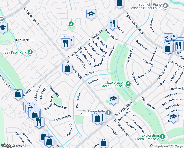 map of restaurants, bars, coffee shops, grocery stores, and more near 1030 Woodhorn Dr in Houston