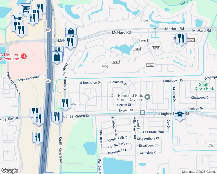 map of restaurants, bars, coffee shops, grocery stores, and more near 1023 Woodbridge Avenue in Pearland