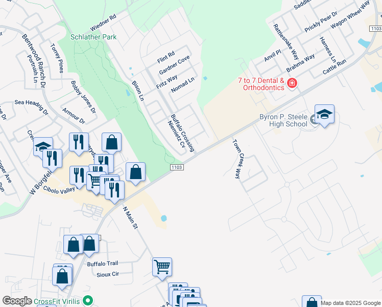 map of restaurants, bars, coffee shops, grocery stores, and more near 133 Grassland Drive in Cibolo