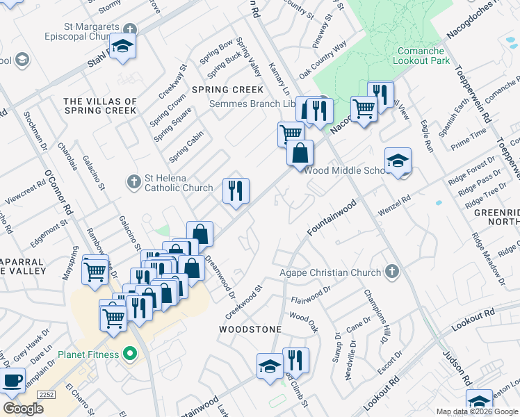 map of restaurants, bars, coffee shops, grocery stores, and more near 14722 Nacogdoches Road in San Antonio