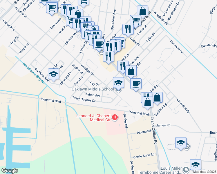 map of restaurants, bars, coffee shops, grocery stores, and more near 2215 Acadian Drive in Houma