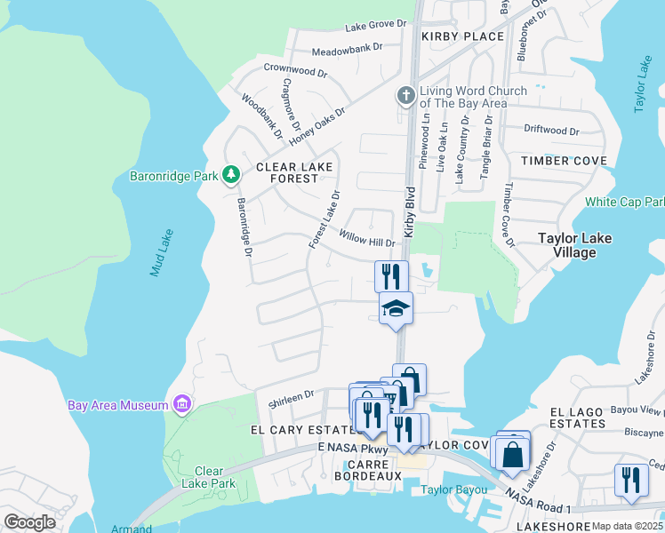map of restaurants, bars, coffee shops, grocery stores, and more near 4211 Elderwood Drive in Seabrook