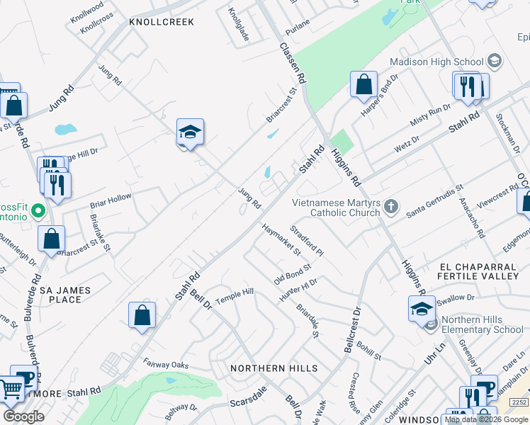 map of restaurants, bars, coffee shops, grocery stores, and more near 4456 Stahl Road in San Antonio