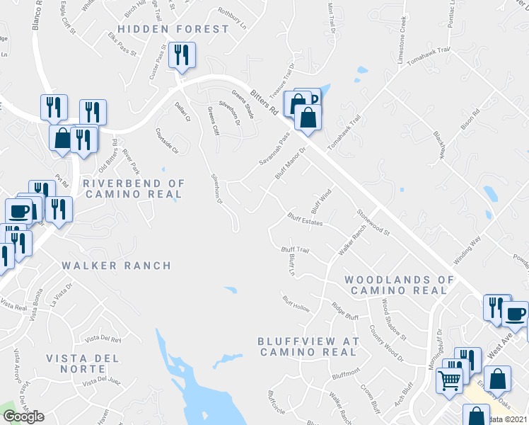 map of restaurants, bars, coffee shops, grocery stores, and more near 14010 Bluff Manor Drive in San Antonio