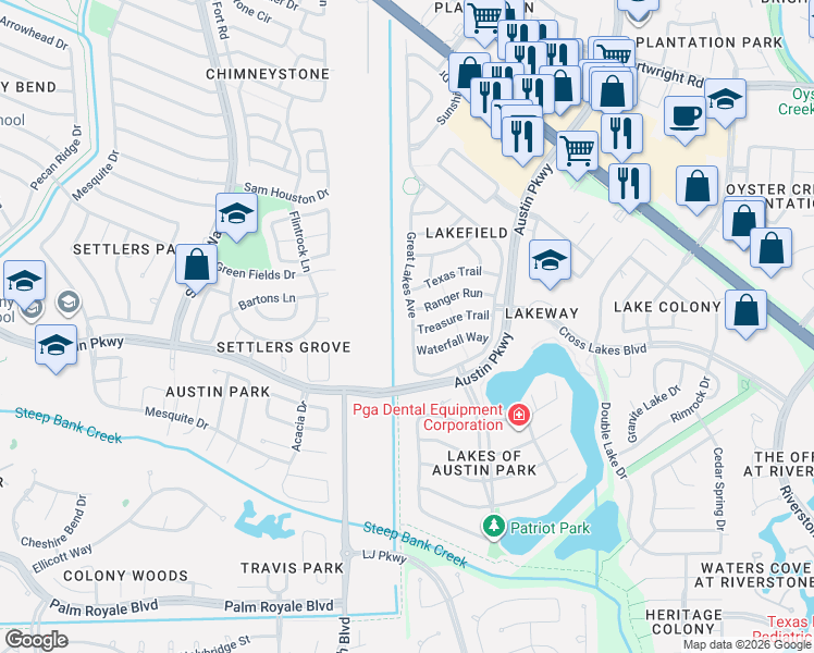 map of restaurants, bars, coffee shops, grocery stores, and more near 3022 Great Lakes Avenue in Sugar Land