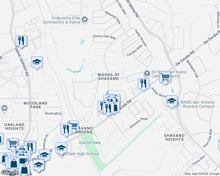 map of restaurants, bars, coffee shops, grocery stores, and more near 4434 Huntington Woods Street in San Antonio