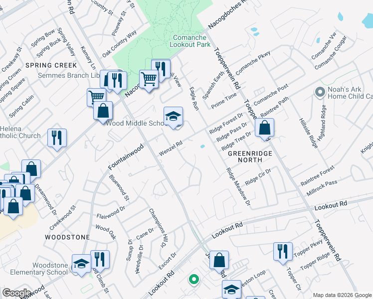 map of restaurants, bars, coffee shops, grocery stores, and more near 14518 Woods Hole Drive in San Antonio