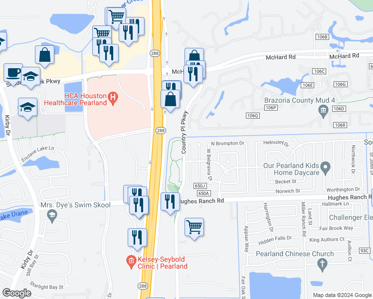 map of restaurants, bars, coffee shops, grocery stores, and more near 1018 Andover Drive in Pearland