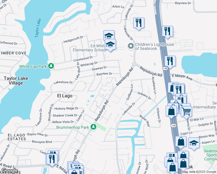 map of restaurants, bars, coffee shops, grocery stores, and more near 2601 Repsdorph Road in Seabrook