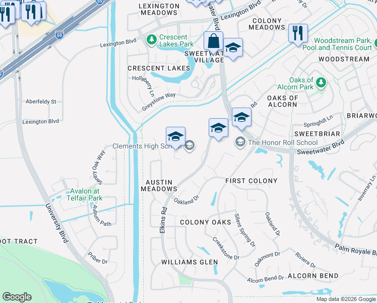 map of restaurants, bars, coffee shops, grocery stores, and more near 4200 Elkins Road in Sugar Land