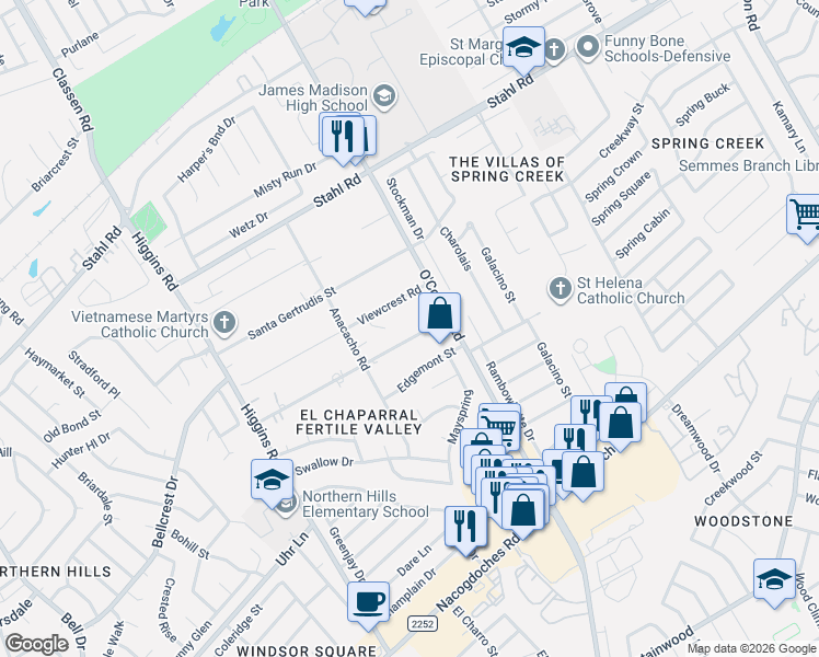 map of restaurants, bars, coffee shops, grocery stores, and more near 5031 Ayrshire Drive in San Antonio