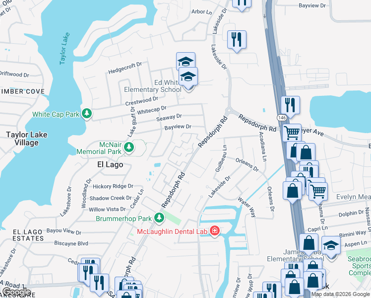 map of restaurants, bars, coffee shops, grocery stores, and more near 2601 Repsdorph Road in Seabrook