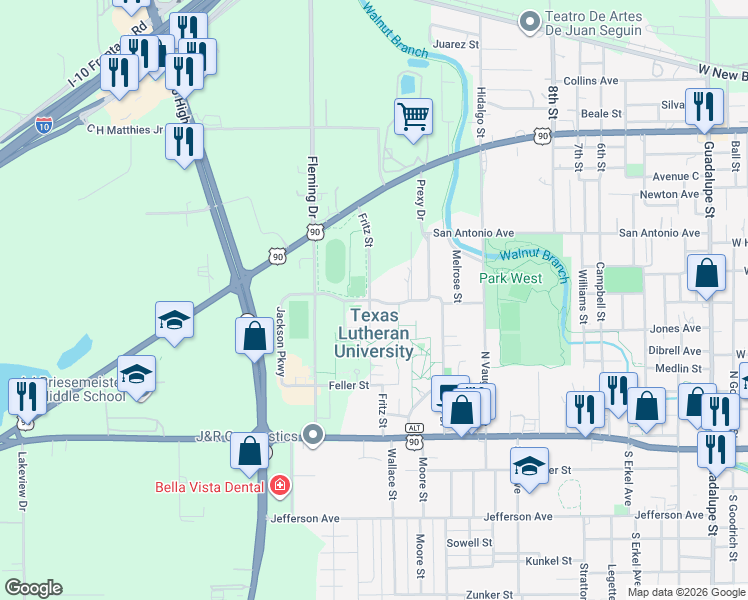 map of restaurants, bars, coffee shops, grocery stores, and more near Memorial Drive in Seguin