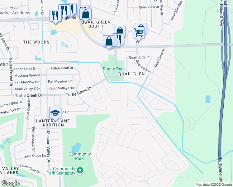 map of restaurants, bars, coffee shops, grocery stores, and more near 1411 Cherry Springs Court in Missouri City