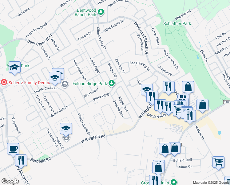 map of restaurants, bars, coffee shops, grocery stores, and more near Dove Wing in Cibolo