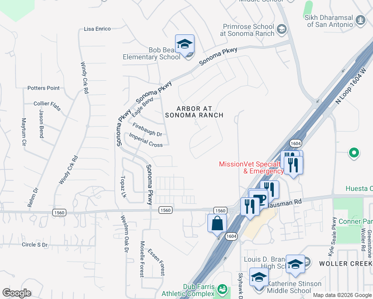 map of restaurants, bars, coffee shops, grocery stores, and more near 8815 Redwood Bend in Helotes