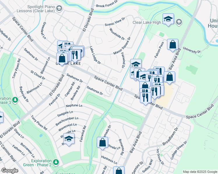 map of restaurants, bars, coffee shops, grocery stores, and more near 15912 Space Center Boulevard in Houston