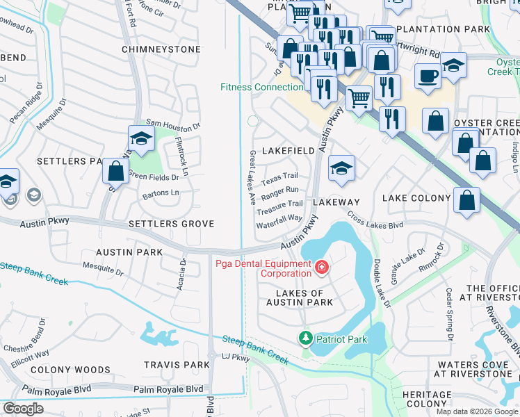 map of restaurants, bars, coffee shops, grocery stores, and more near 4407 Treasure Trail in Sugar Land