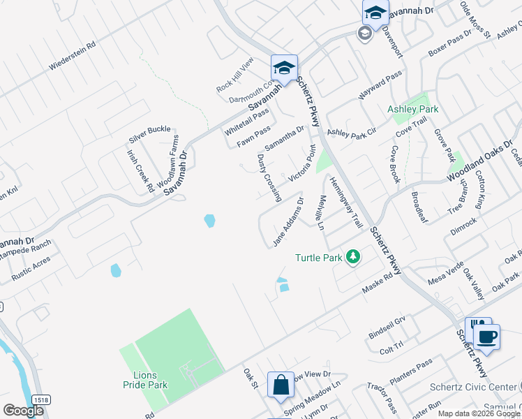 map of restaurants, bars, coffee shops, grocery stores, and more near 372 Frank Baum Drive in Schertz