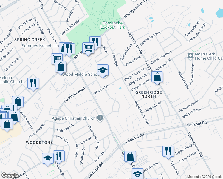 map of restaurants, bars, coffee shops, grocery stores, and more near 14518 Woods Hole Drive in San Antonio