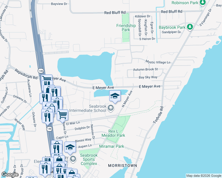 map of restaurants, bars, coffee shops, grocery stores, and more near 1125 East Meyer Avenue in Seabrook