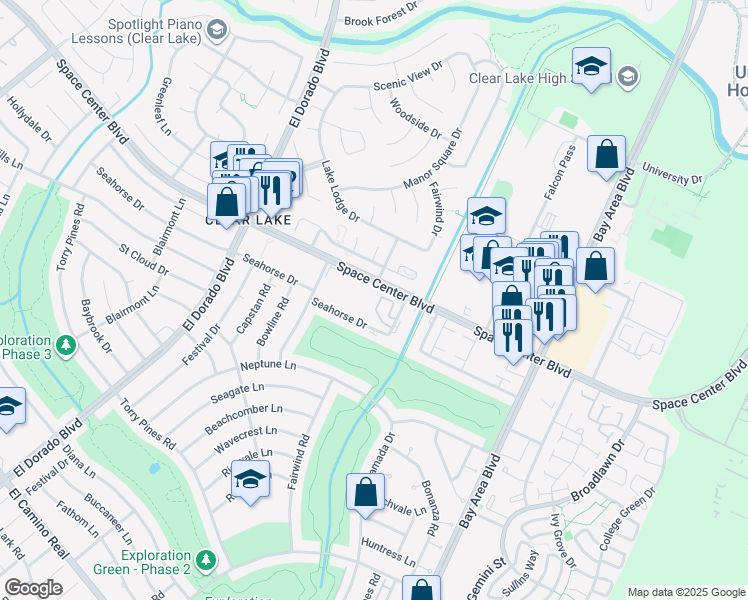 map of restaurants, bars, coffee shops, grocery stores, and more near 15900 Space Center Boulevard in Houston