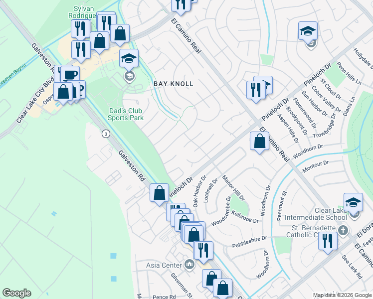 map of restaurants, bars, coffee shops, grocery stores, and more near 807 Knotty Elmwood Trail in Houston