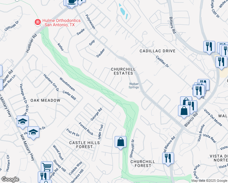 map of restaurants, bars, coffee shops, grocery stores, and more near 2011 Preakness Lane in San Antonio