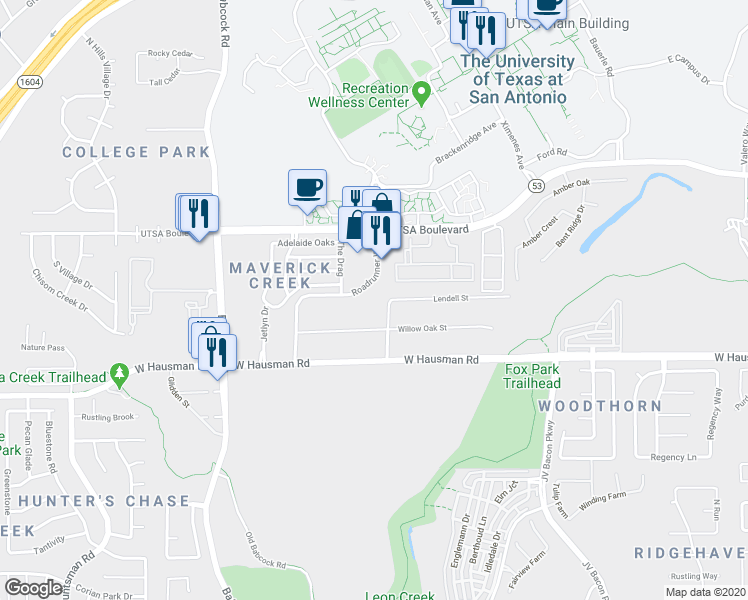 map of restaurants, bars, coffee shops, grocery stores, and more near 14500 Roadrunner Way in San Antonio