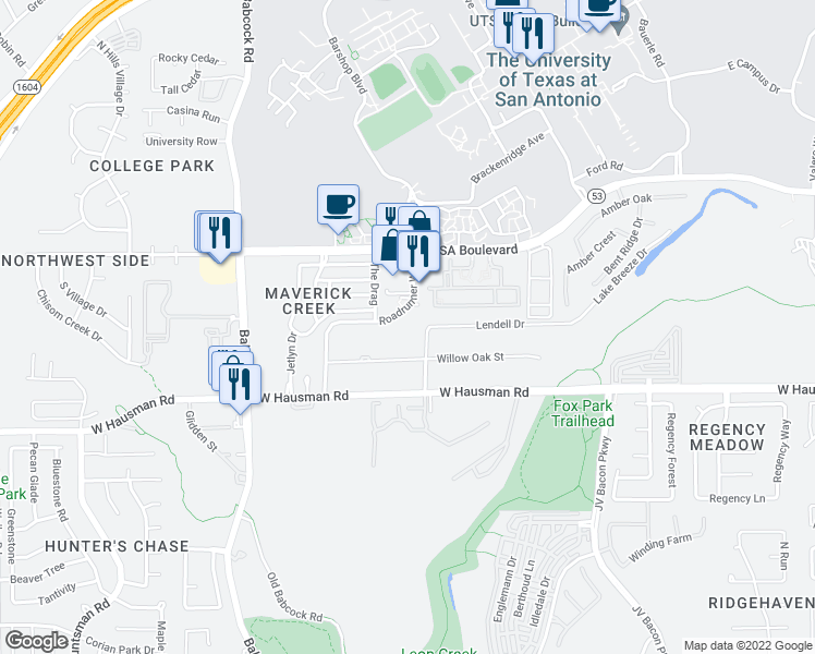 map of restaurants, bars, coffee shops, grocery stores, and more near 14500 Roadrunner Way in San Antonio