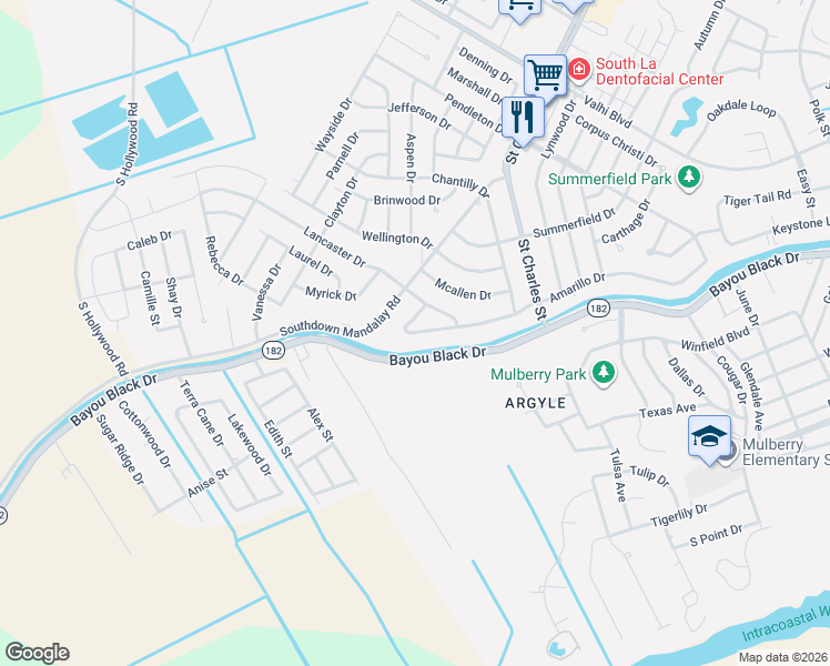 map of restaurants, bars, coffee shops, grocery stores, and more near 2 Amarillo Dr in Houma