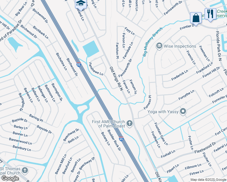 map of restaurants, bars, coffee shops, grocery stores, and more near 3 Fanshawe Ln in Palm Coast
