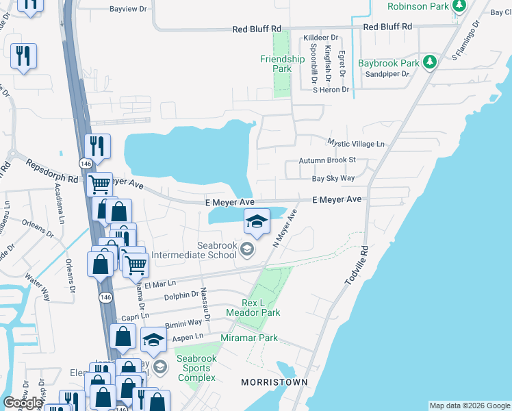 map of restaurants, bars, coffee shops, grocery stores, and more near 1125 East Meyer Avenue in Seabrook