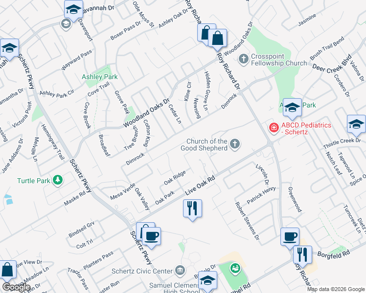 map of restaurants, bars, coffee shops, grocery stores, and more near 2241 Oak Place in Schertz