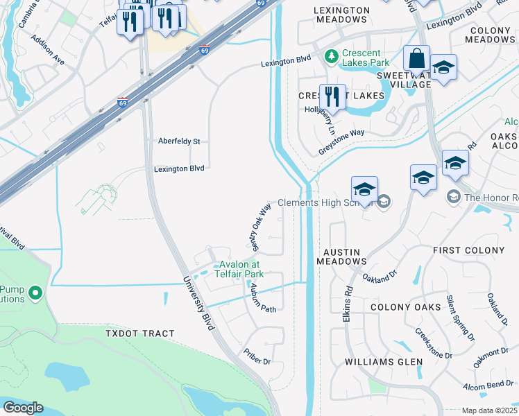 map of restaurants, bars, coffee shops, grocery stores, and more near 2710 Sentry Oak Way in Sugar Land