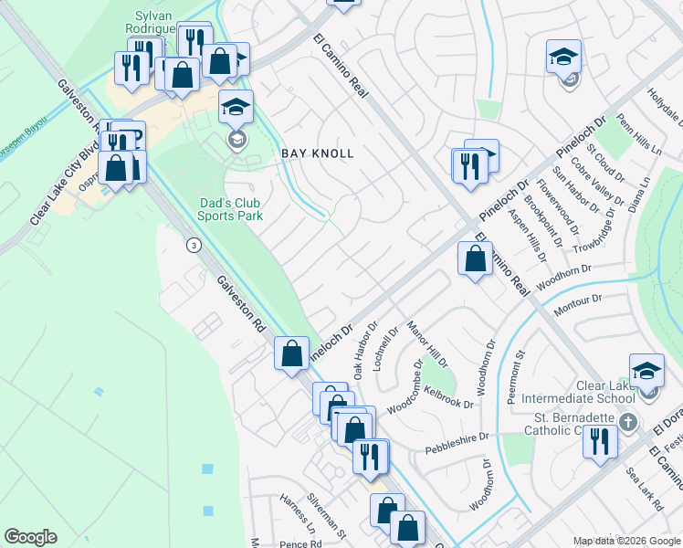 map of restaurants, bars, coffee shops, grocery stores, and more near 807 Knotty Elmwood Trail in Houston