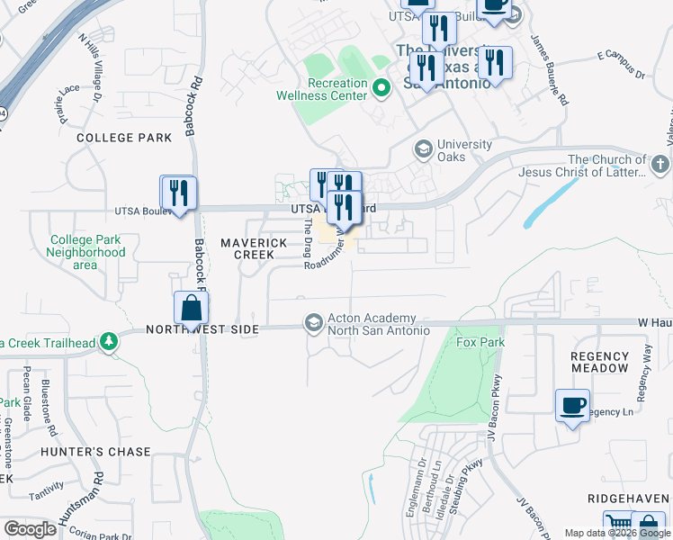 map of restaurants, bars, coffee shops, grocery stores, and more near 14500 Roadrunner Way in San Antonio