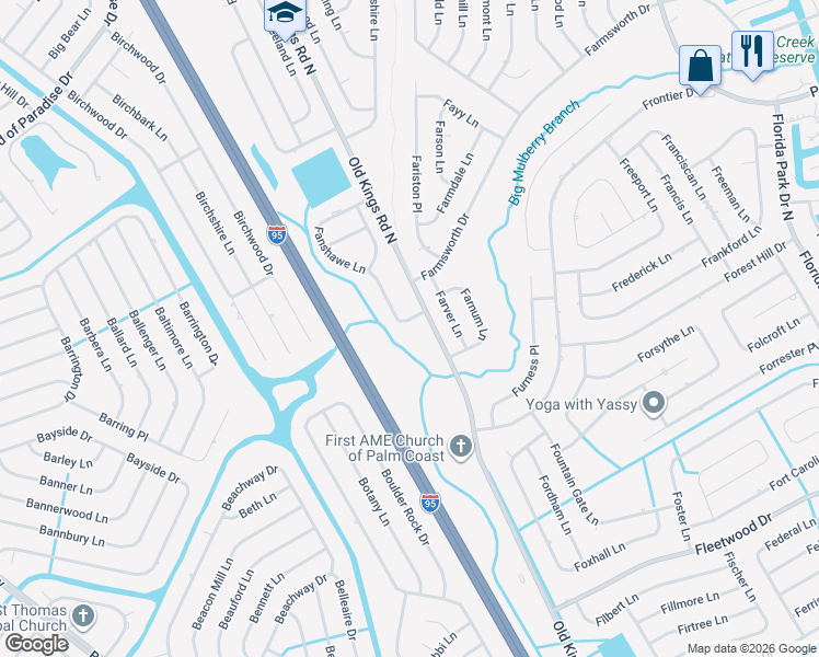 map of restaurants, bars, coffee shops, grocery stores, and more near 3 Fanshawe Lane in Palm Coast