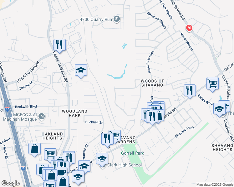map of restaurants, bars, coffee shops, grocery stores, and more near 4714 Paradise Woods in San Antonio
