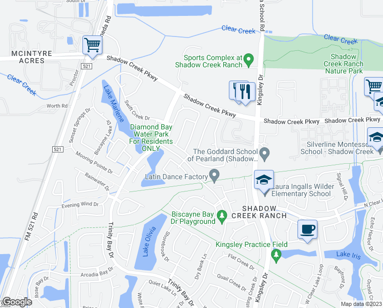 map of restaurants, bars, coffee shops, grocery stores, and more near 2046 Shore Breeze Drive in Pearland