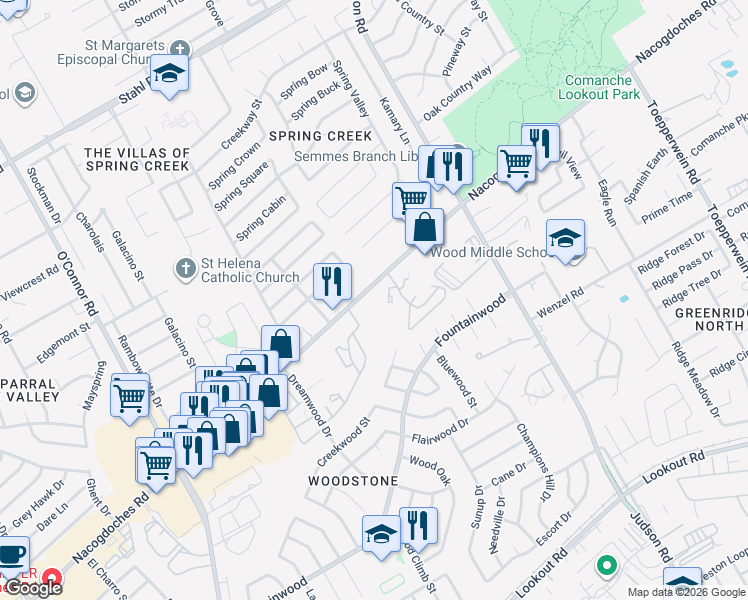 map of restaurants, bars, coffee shops, grocery stores, and more near 14722 Nacogdoches Road in San Antonio