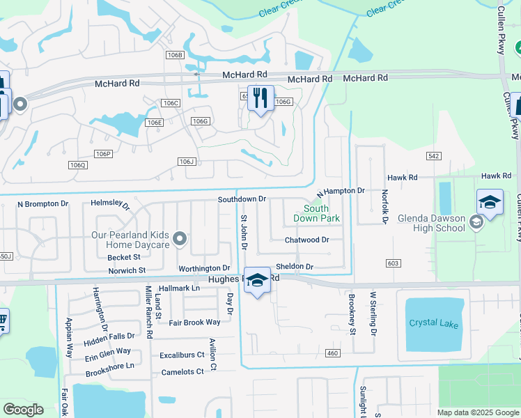 map of restaurants, bars, coffee shops, grocery stores, and more near 1011 Wentworth Drive in Pearland