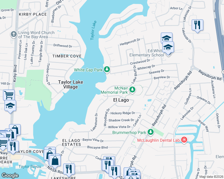 map of restaurants, bars, coffee shops, grocery stores, and more near 400498 Lakeshore Drive in El Lago